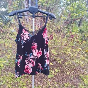 Black Floral Velvet Lace Trim Cami Tank Top NWT Sz L Y2k Whimisigoth Fairygoth